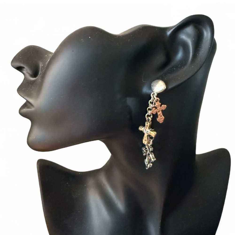 Angelus Collection Multi-media Hammered Cross Dangle Earrings NEW - Picture 2 of 5